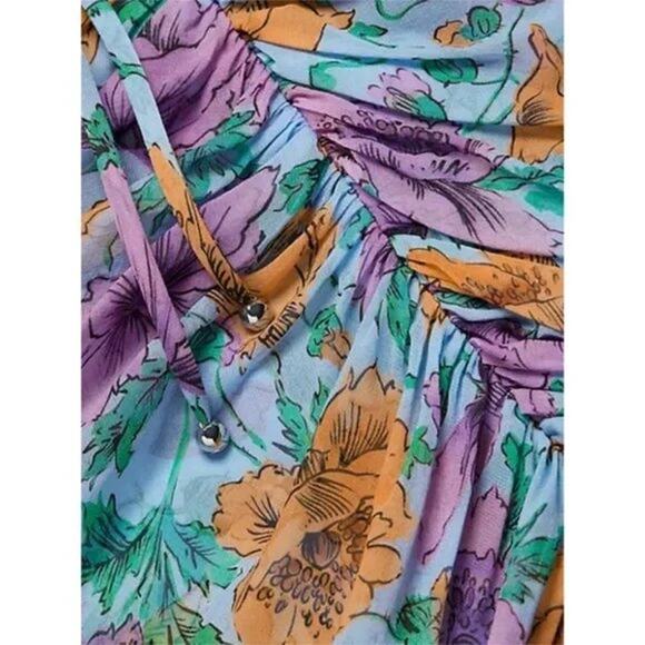 Veronica Beard Silk Floral Ruched Sean Dress Lake Blue Multi Bell Sleeve Flounce - Picture 8 of 10